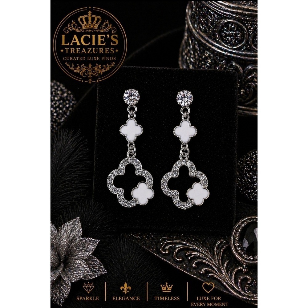 Silver Tone White Clover Drop Earrings | Glam Luxe Rhinestone Dangle Earrings